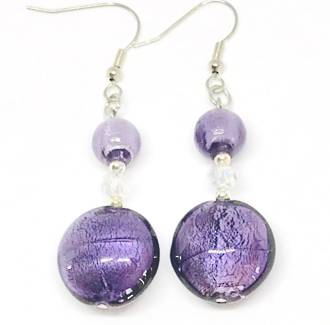 Murano Glass Bead Earrings - Serena  - White/Purple