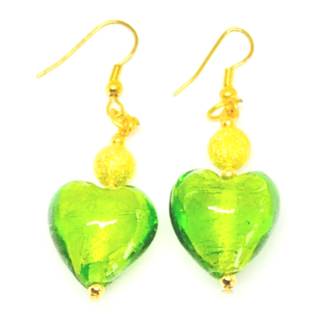 Murano Glass Bead Earrings - Hearts (green/gold)