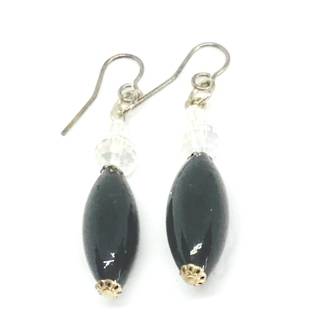 Murano Glass Bead Earrings - Oval Elegance (Black/Silver)