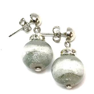 Murano Glass Bead Earrings - Estate - White/grey with silver foil