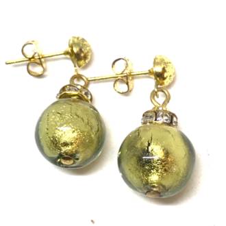 Murano Glass Bead Earrings - Estate - Blue with gold foil