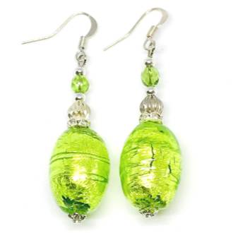 Murano Glass Bead Earrings - Oval (Green/Silver)