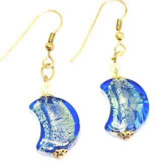 Murano Glass Bead Earrings - Simona Moon (Blue/Gold Leaf)