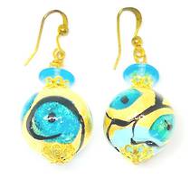 Murano Glass Bead Earrings - Peacock (Gold/Aqua/Black)