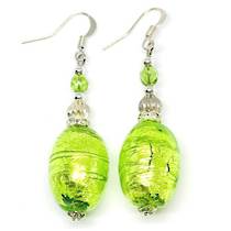 Murano Glass Bead Earrings - Oval (Green/Silver)