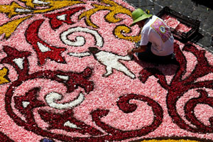 A worker finishes one of the floral decorations in Genzano, south of Rome June 19, 2011, during Infiorata (Reuters/Alessia Pierdomenico)