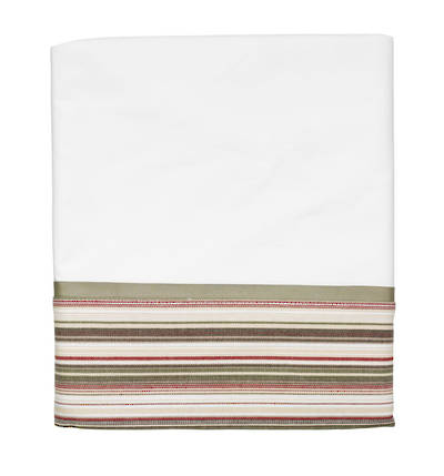 Vintage Retro White Cotton Percale Flat Sheet with Khaki and Red French Stripe Cuff and Sage Green Gros Grain