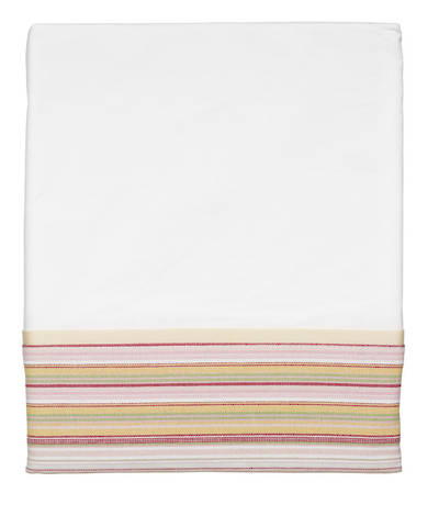 Vintage Retro White Cotton Percale Flat Sheet with Pink and Lime French Stripe Cuff and Beige Gros Grain