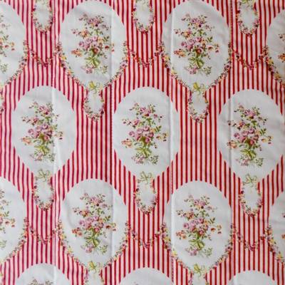 Fabric Swatch French Scarlet Stripes and Flowers Cotton Print