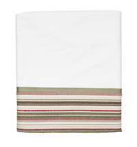 Vintage Retro White Cotton Percale Flat Sheet with Khaki and Red French Stripe Cuff and Sage Green Gros Grain