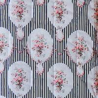 Fabric Swatch French Black Stripes and Flowers Cotton Print