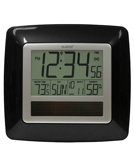 WT-8112U-BL Black Panel Solar Digital Wall Clock with Indoor Tempe Humidity