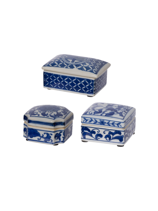 SET 3 BLUE & WHITE DECORATIVE BOXES