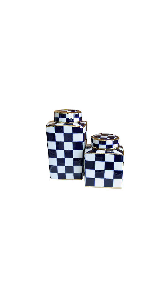 SET/2 CHECKED DESIGN VASES WITH LID