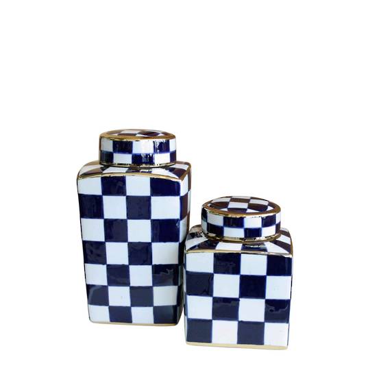 SET/2 CHECKED DESIGN VASES WITH LID