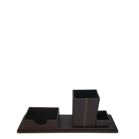 *FAUX LEATHER PEN HOLDER NOTEPAPER ON TRAY SMOOTH BROWN