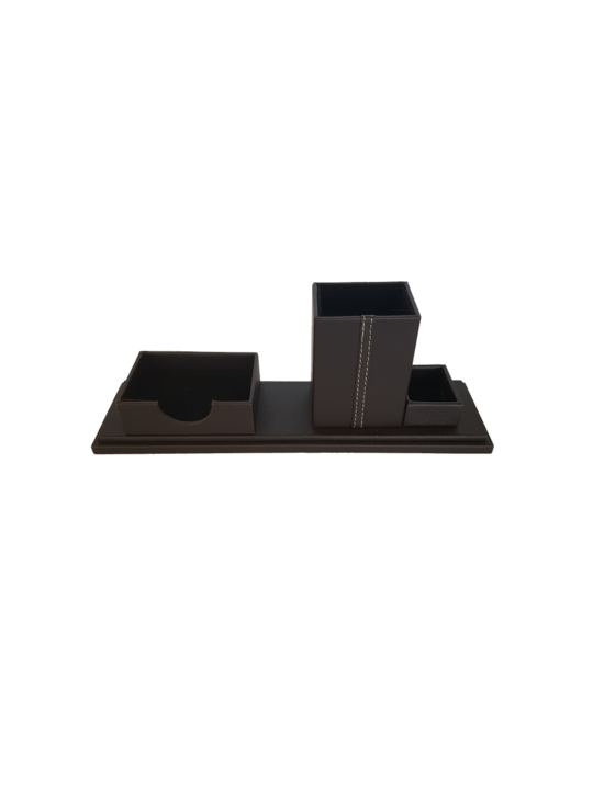FAUX LEATHER PEN HOLDER NOTEPAPER ON TRAY SMOOTH BROWN