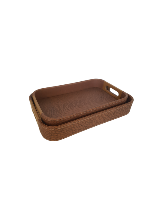 SET 2 TRAYS TAN CROCODILE FAUX RECT