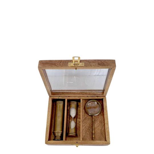 SAND TIMER, TELESCOPE & MAGNIFIER SET 3 GIFT SET
