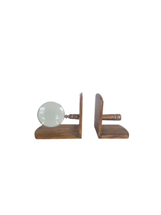 WOODEN/BRASS MAGNIFIER BOOKEND SET/2