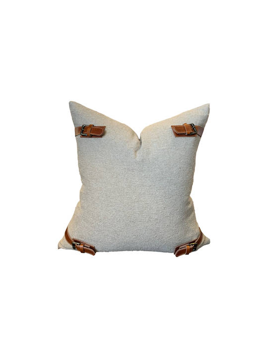 NATURAL COTTON CUSHION COVER WITH LEATHER BUCKLE DETAIL