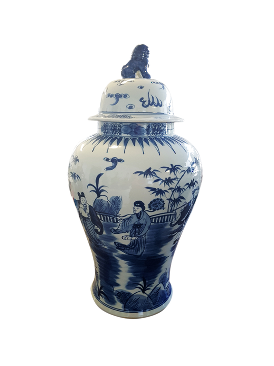 TEMPLE JAR BLUE & WHITE LION LID LARGE