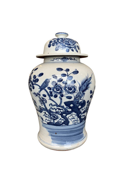 GINGER JAR BLUE & WHITE BIRDS WITH FLOWERS