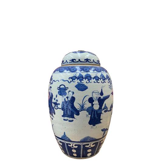 JAR ROUND LID WITH METAL RING BLUE & WHITE FIGURINE DANCING 44H