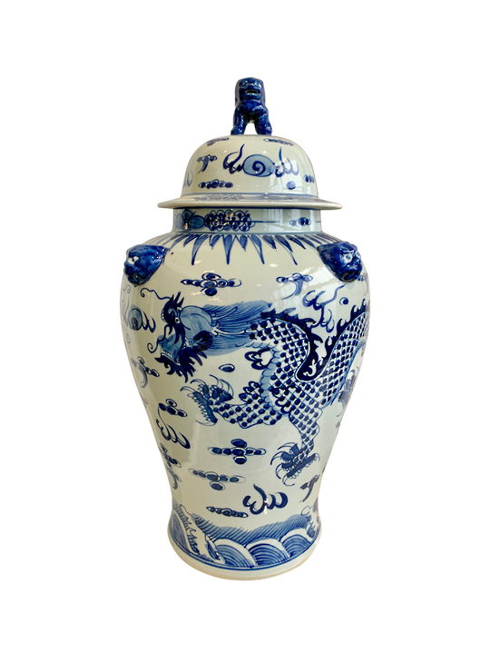 TEMPLE JAR,LARGE DRAGON, LION ON LID. BLUE/WHITE