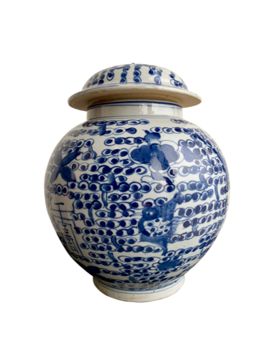 BLUE/WHITE SQUAT GINGER JAR LID W/BRASS RING