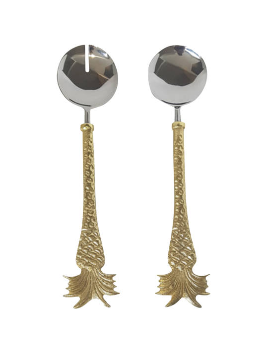STAINLESS STEEL AND SHINY BRASS PINEAPPLE SALAD SERVERS