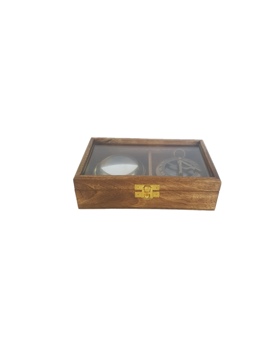 WOODEN GLASS TOP GIFT BOX SET/2 COMPASS, MAGNIFIER