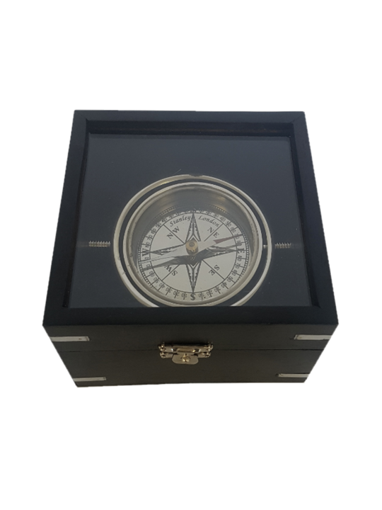 BRASS 11CM GIMBLE COMPASS IN GLASS TOP WOODEN BOX BLK/ NKL