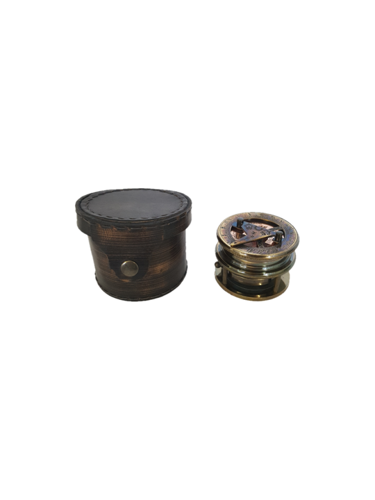 BRASS SUNDIAL/ COMPASS/ MAGNIFIER LEATHER POUCH