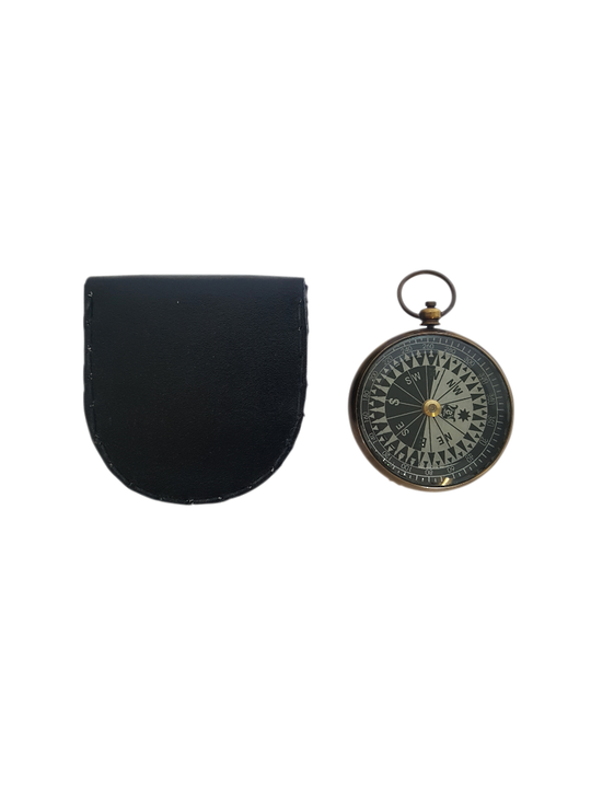 BRASS ROUND COMPASS IN LEATHER CASE BLK