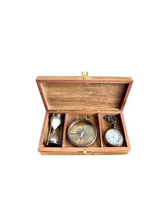 WOODEN GIFT BOX W/BRASS SET/3 CLOCK,COMPASS,SAND TIMER