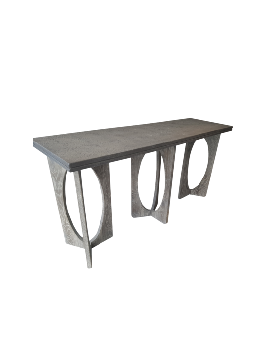 *CROCODILE CONCRETE TOP CONSOLE WITH 3 OAK CIRCLE LEGS