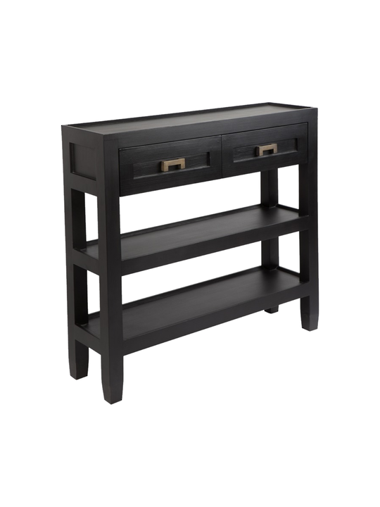 *LEONARD ISLAND CONSOLE WITH BRASS HANDLES SHELVES, 2 DRAWERS BLACK