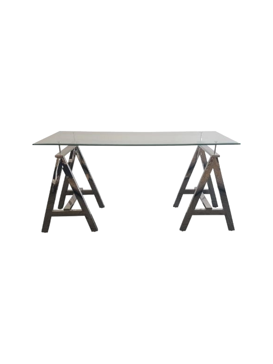*STEEL "A" TABLE WITH 8MM TOUGHENED GLASS SIZE 60X150 CMS BEVELLED EDGE