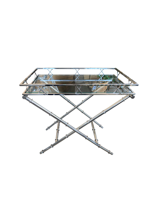 *S/ STEEL BAMBOO STYLE SIDE TABLE GLASS TOP CROSS LEGS