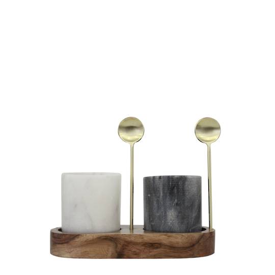 BLACK & SILVER SALT & PEPPER SET ON MARBLE BASE