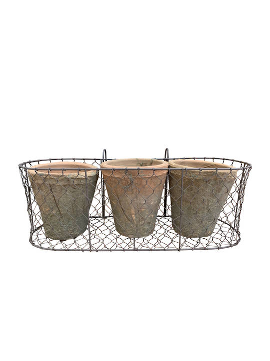 WIRE BASKET WITH 3 PCS ANTIQUED REDSTONE ROSE POTS