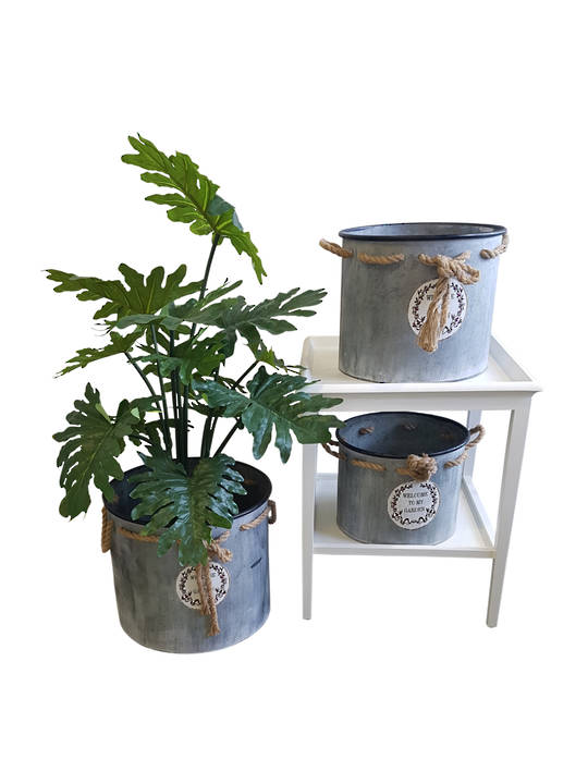 VINTAGE SET/3 ZINC POTS WITH ROPE