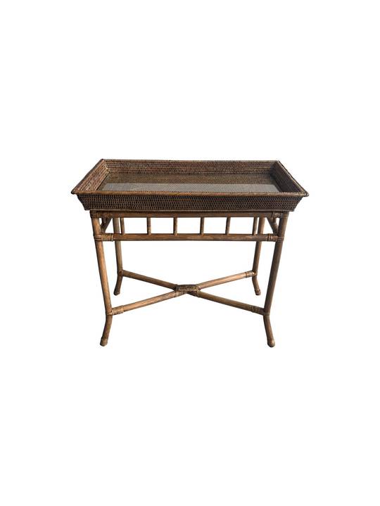 MANDALAY DESIGN CONSOLE TABLE W/ RATTAN LEGS WITH GLASS INSERT