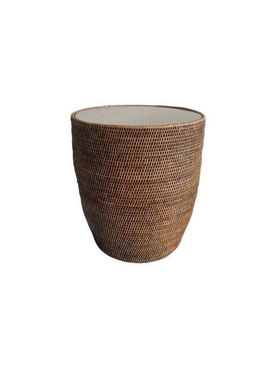 DRUM SIDE TABLE WITH GLASS SHEET BROWN