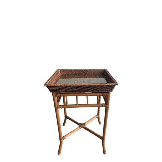 MANDALAY DESIGN SIDE TABLE W/ RATTAN LEGS WITH GLASS INSERT