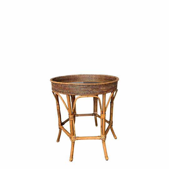 RATTAN COLONIAL ROUND SIDE TABLE WITH GLASS INSERT