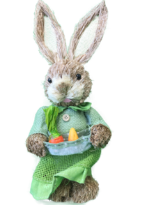 GIRL STRAW BUNNY IN GREEN DRESS WITH CARROTS IN APRON