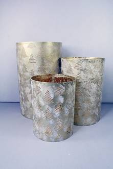 SET3 GOLD DISTRESSED LOOK METAL CYLINDER WITH TREE DESIGN