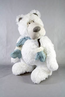 38CMH PLUSH STANDING POLAR BEAR WITH BLUE SCARF AND MITTENS